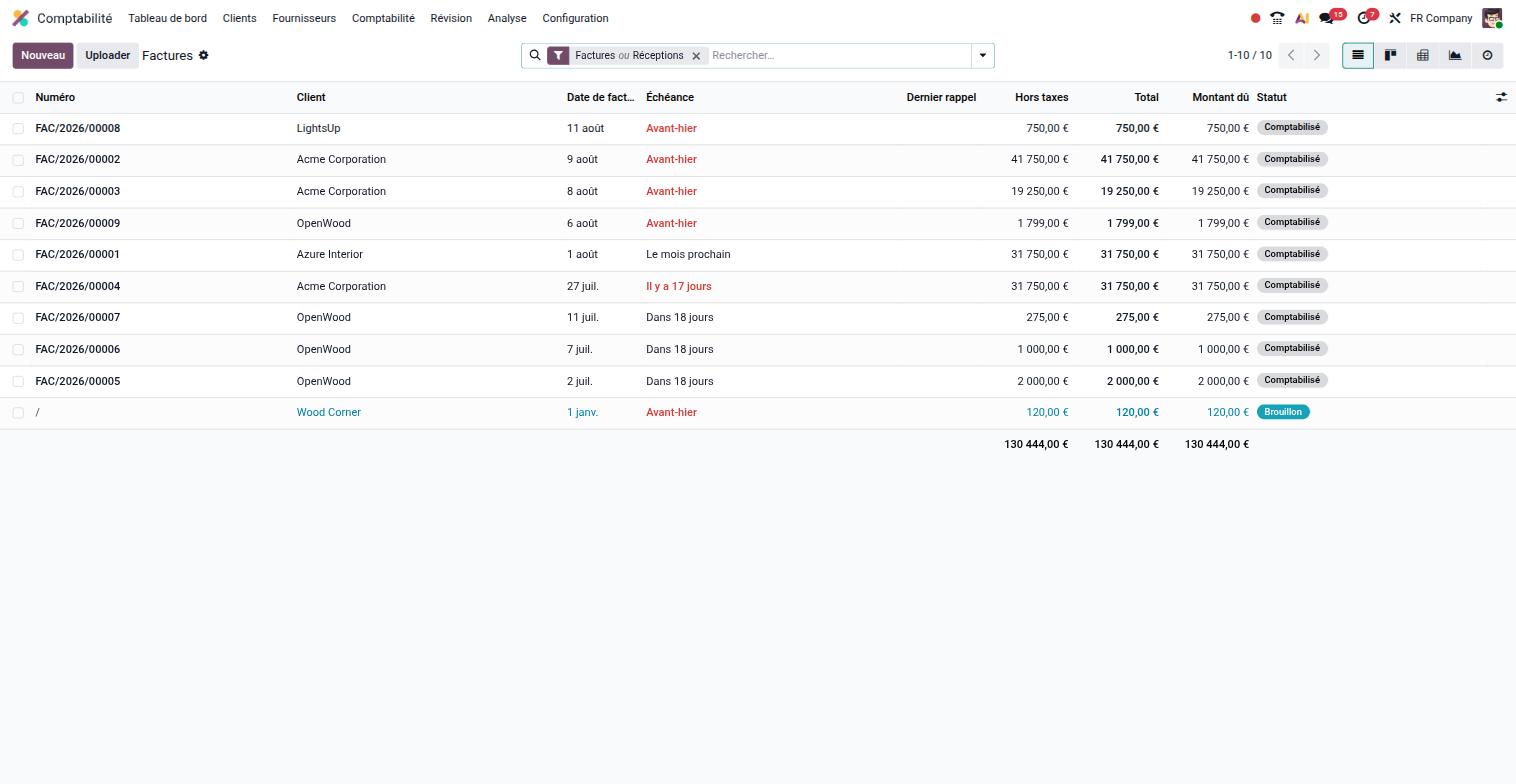 Liste des factures clients dans Odoo, avec échéances, montants et statut de chaque facture
